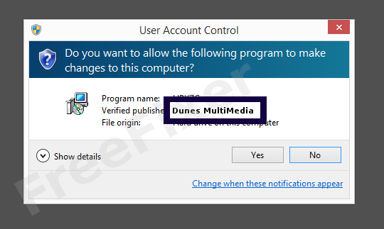 Screenshot where Dunes MultiMedia appears as the verified publisher in the UAC dialog